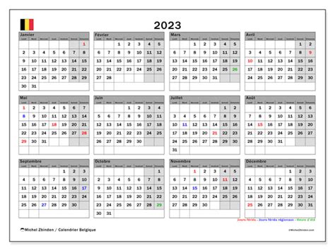 Calendrier 2023 à Imprimer “belgique” Michel Zbinden Be