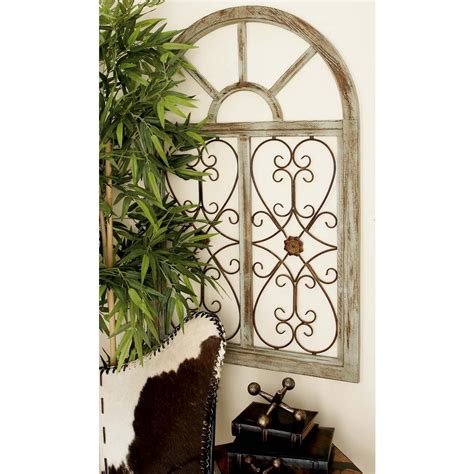Wood window frame wall decor. 29 in. x 46 in. Rustic Brown Wood and Metal Arched Window ...