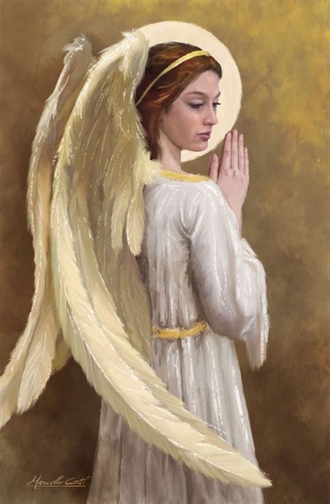 A Painting Of An Angel Holding Her Hands Together