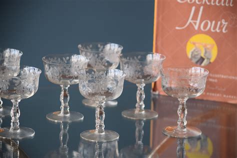 Vintage Etched Crystal Cocktail ~ Martini Glasses Set Of 7 Fostoria