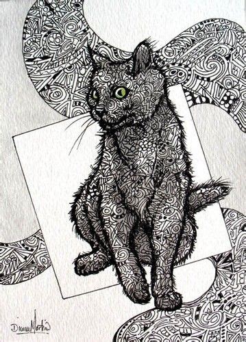 Mindful colouring for kids and adults: ORIGINAL Zentangle Cat kitten CURIOUS 5x7 ink acrylic ...