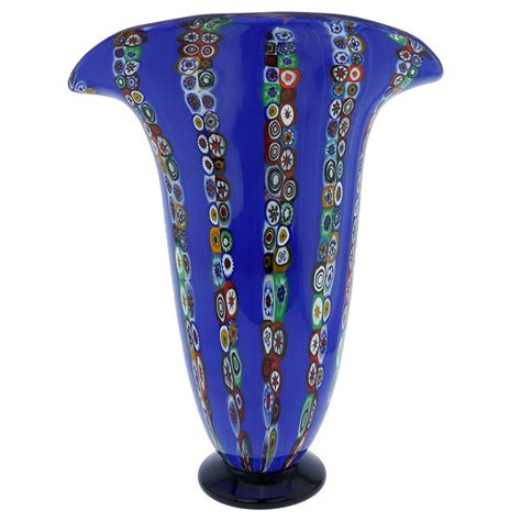 Murano Glass Vases Ventaglio Blue Stripes Murano Glass Millefiori Vase Large