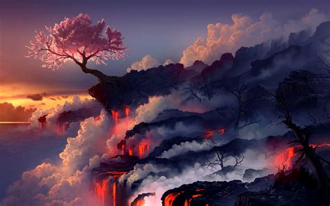 Digital Art Landscape Cherry Blossom Trees Lava Wallpaper