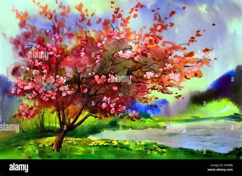 Watercolor Painting Landscape With Blooming Spring Tree With Flowers