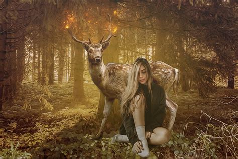 Desktop Wallpapers Deer Girls Forests Sitting Animals
