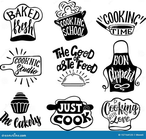 Cooking Related Typography Set Lettering Calligraphy Vector Illustration Stock Illustration