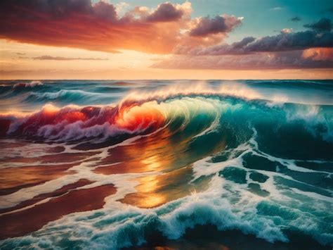 Premium Photo Colorful Ocean Wave Sea Water In Crest Shape Sunset