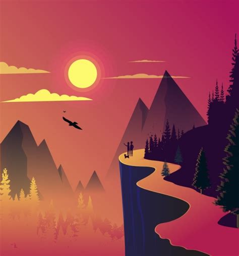 Mountain Landscape Background Colored Cartoon Design Sun Icon Free