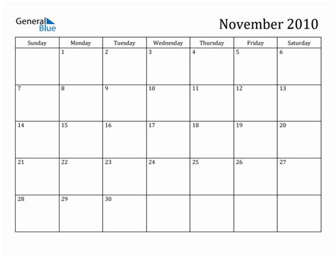 November 2010 Monthly Calendar Pdf Word Excel
