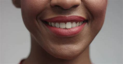 Closeup Woman Smiling Prefect White Teeth Isolated Concrete Studio