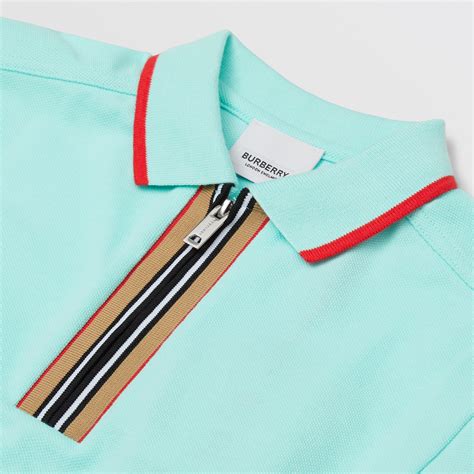 Icon Stripe Detail Cotton Zip Front Polo Shirt In Light Aqua Blue