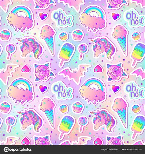 Colorful Seamless Pattern Unicorn Sweets Rainbow Ice Cream Lollipop