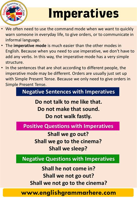 An imperative sentence is a type of sentence that gives instructions or advice, and expresses a command, an order, a direction, or a request. Imperatives, Definition and Examples | English grammar ...