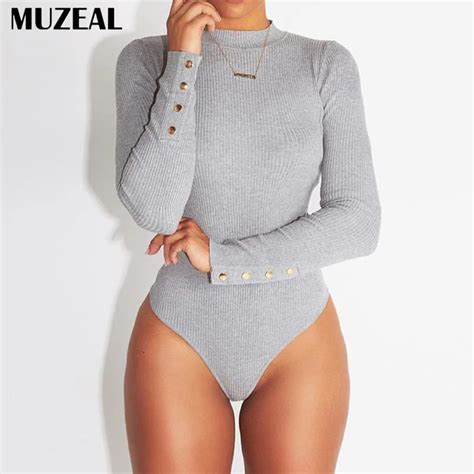 Muzeal Autumn Sexy Bodysuits Long Sleeve Buttoned Solid Color Woman