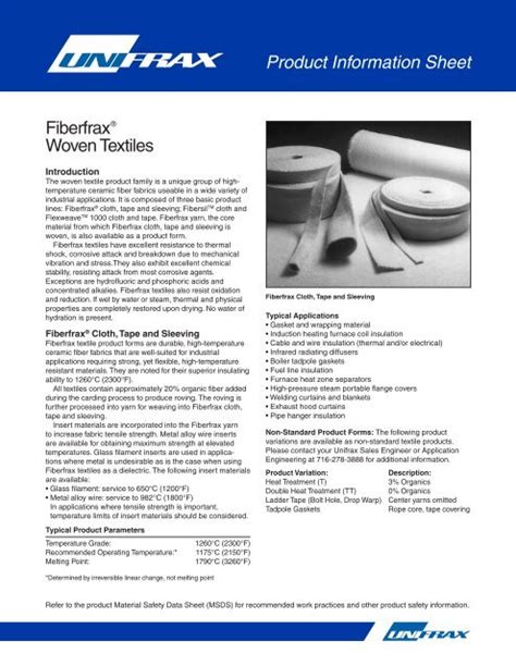 Product Information Sheet Fiberfrax Refractory Ceramic Fiber