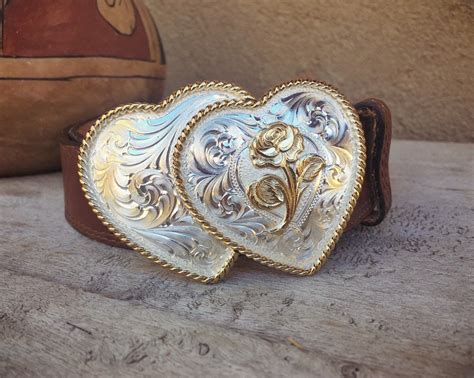 Silver Plated Double Heart Western Belt Buckle For Women On Genuine