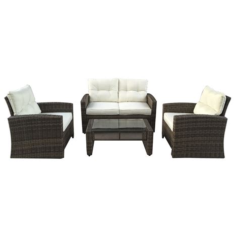 4pc Brown And Beige Two Tone Rattan Outdoor Patio Furniture Set With