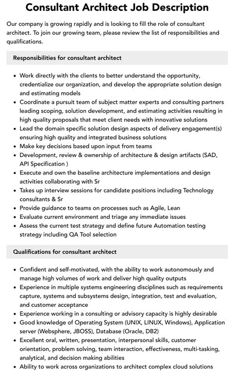 Consultant Architect Job Description Velvet Jobs