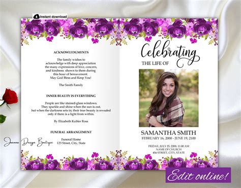 Funeral Program Template For Women Floral Purple Obituary Etsy