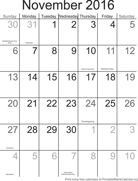 November 2016 Printable Blank Calendar - Printable Blank Calendar.org