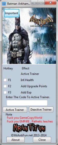 Using this cheat allows you to use any of the dlc that were packaged in the goty edition of batman: Batman: Arkham Asylum Trainer +3 v1.1 MrAntiFun - download ...