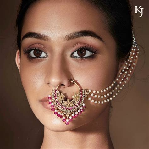 Asian Indian Bollywood Kundan Bridal Nath Nose Ring Double Chain Fashion Jewellery Jewellery