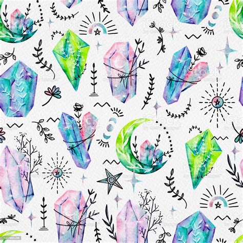 Magical Mystical Crystals And Botanical Watercolor Seamless Pattern