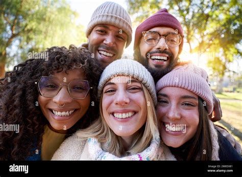Multiracial People Together Looking Camera In Selfie Laughing Group Of Mixed Race Friends Having