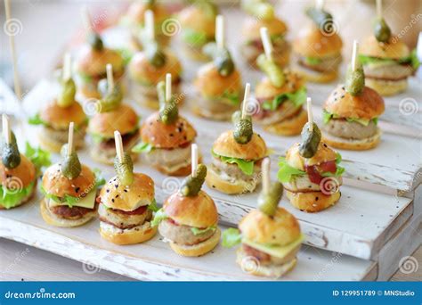 Delicious One Bite Mini Burgers Served On A Party Or Wedding Reception