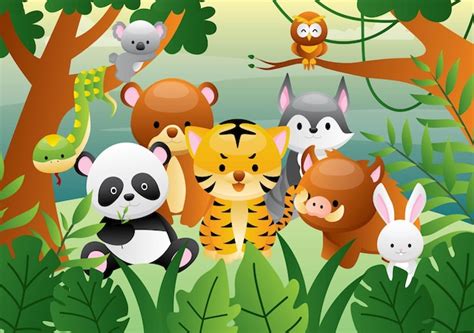 Conjunto De Dibujos Animados De Animales Lindos En La Selva Vector