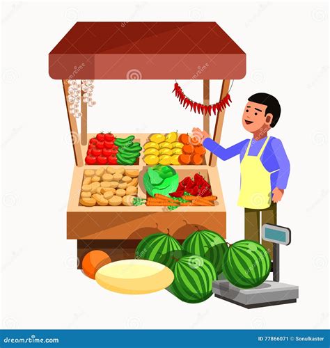 Vegetables And Fruits Product Seller At The Counter Stall Cartoon