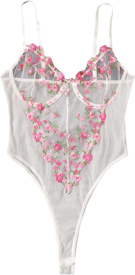 soly hux women s floral embroidered mesh sheer one piece lingerie teddy bodysuit sleepwear