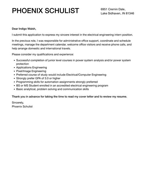 Electrical Engineering Intern Cover Letter Velvet Jobs