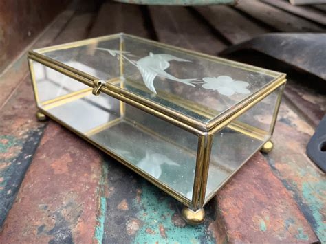 Tabletop Brass Etched Glass Box Display Case For Jewelry Or Trinkets Bohemian Decor Vanity