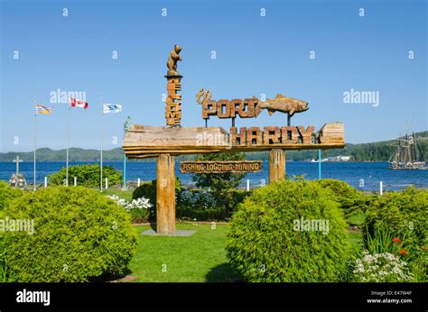 Carved Wooden Welcome Sign Port Hardy Waterfront British Columbia