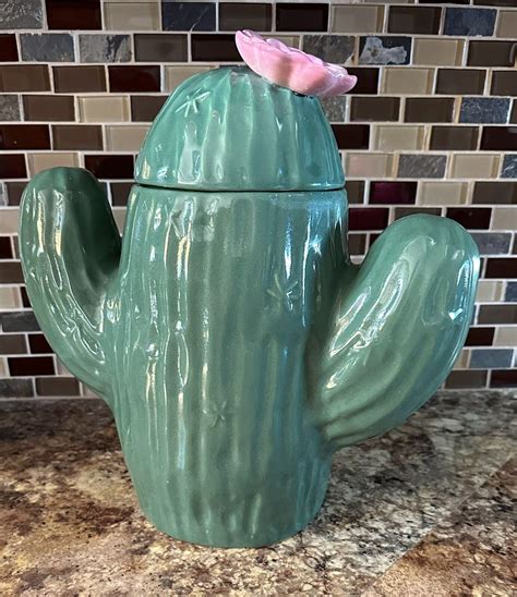 Vtg Treasure Craft Saguaro Cactus With Pink Bloom Cookie Jar 13 Made