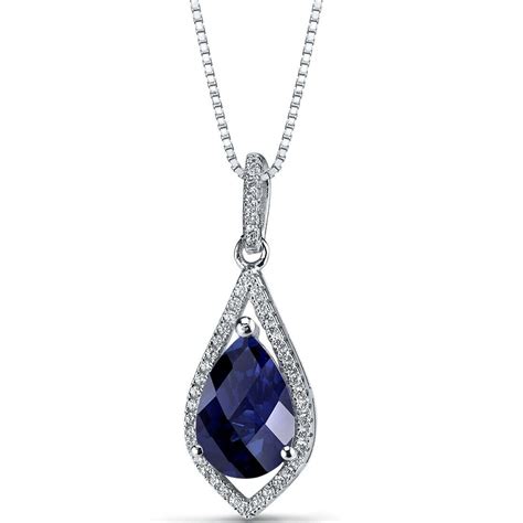 Created Blue Sapphire Teardrop Pendant Necklace Sterling Silver