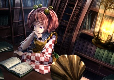 Wallpaper Anime Girl Reading Library Apron Brown Hair Wallpapermaiden