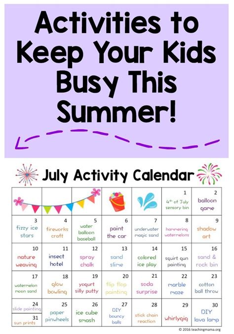 July Activity Calendar Super Fun Summer Activities For Kids Summer