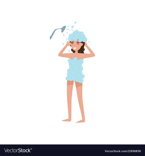 Girl Washing Her Hair With Shampoo In Shower Vector Image