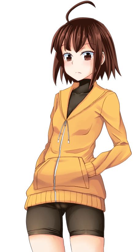 Safebooru 1girl Ahoge Bike Shorts Brown Eyes Brown Hair Collarbone Flat Chest Hands In Pockets