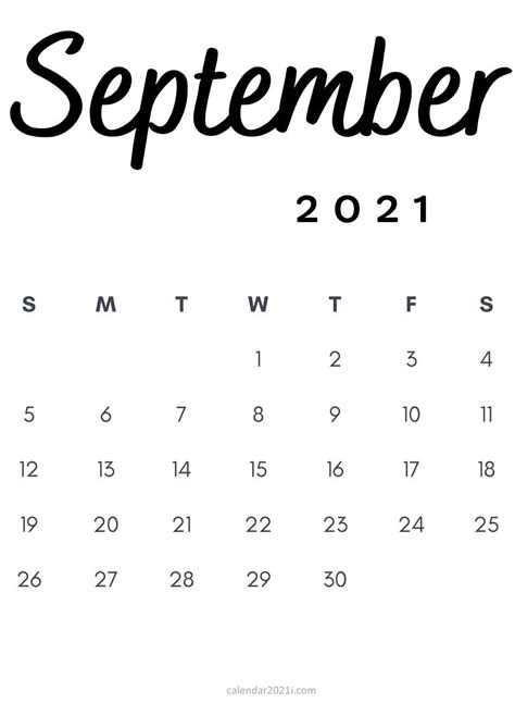 A Calendar With The Word September In Black Ink On A White Background