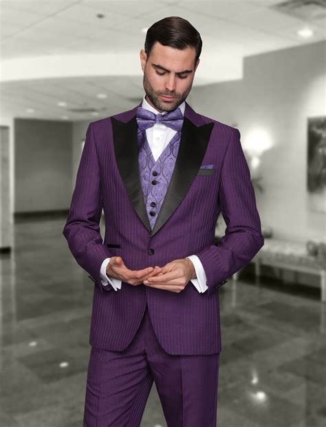 Natalie 2 Purple 3pc 1 Button Mens Suit With Satin Collar And Trim On
