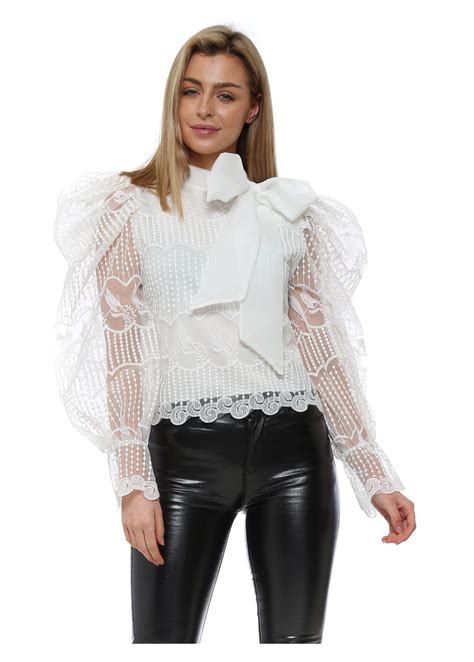 White Lace Puff Sleeve Bow Neck Blouse Designer Desirables