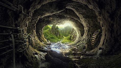 Hd Wallpaper River In Cave Tunnel Pandora Fantasy Hd 4k