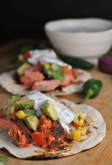 Blackened Salmon Tacos With Corn Salsa And Cilantro Lime Ranch