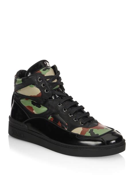 Moschino Camo Leather High Top Sneakers In Black For Men