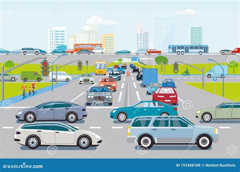 Road Traffic With Traffic Jam At The Intersection Illustration