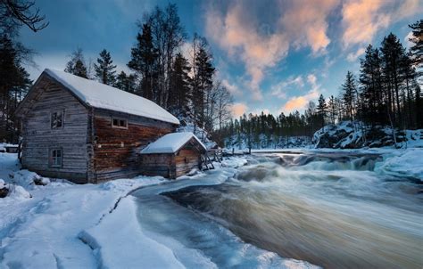 Wallpaper Winter Clouds Snow Trees House River House River