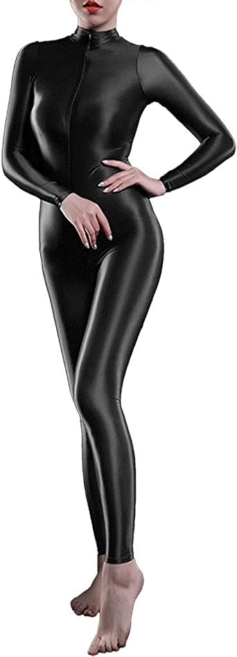 Tiaobug Womens One Piece Oil Shiny Long Sleeves Double Zipper Smooth